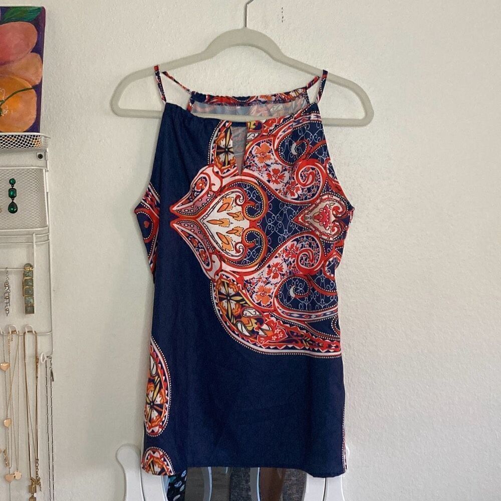Paisley Print High Neck Sleeveless Scarf Blouse Blue size Medium